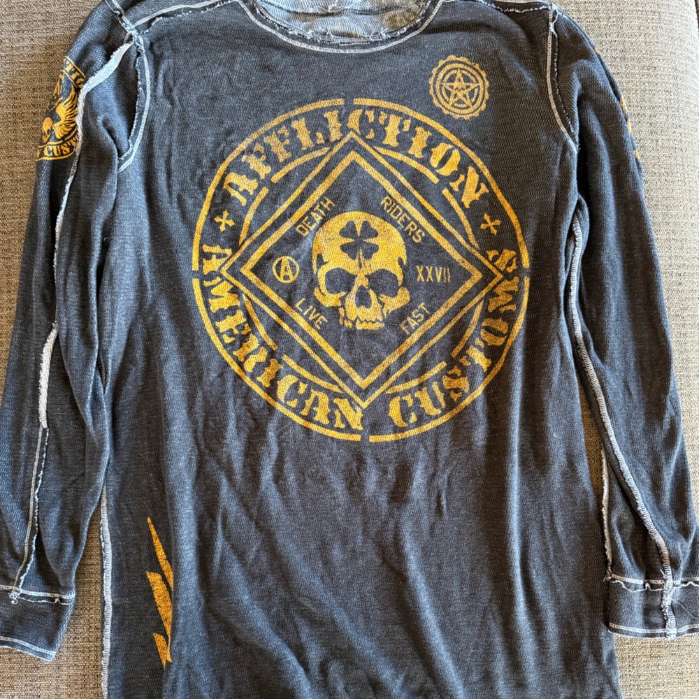 Affliction Gray and Gold Skull Long Sleeve